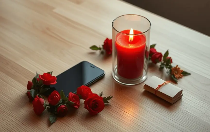 Oración a San Cipriano para que me llame de inmediato: Una vela roja encendida junto a un teléfono, pétalos de rosa y un pequeño atado de pergaminos sobre una mesa de madera.