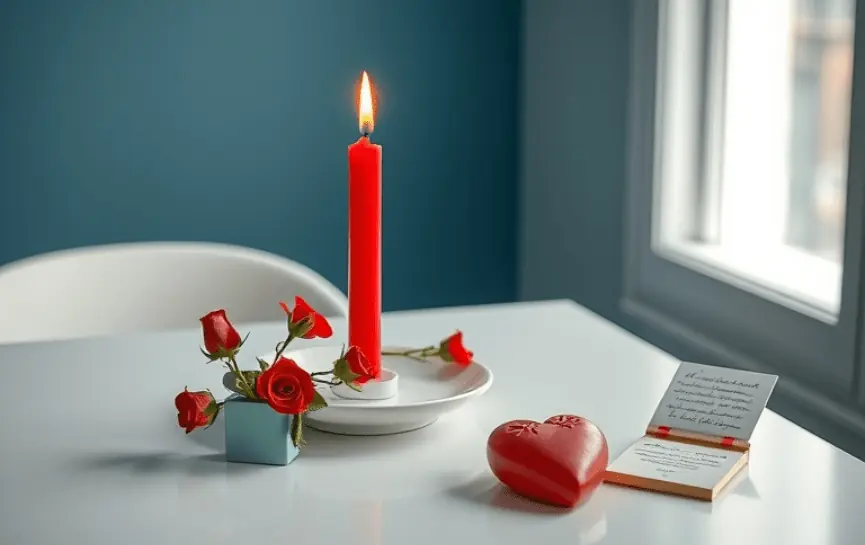 Oración a San Cipriano para que Regrese: Una mesa con una estatua de San Cipriano rodeada de velas rojas encendidas y pétalos de rosa, creando un ambiente de devoción y esperanza.