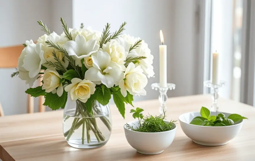 Oración a San Cipriano por la Salud: Una estatua de San Cipriano rodeada de dos velas blancas encendidas, con un recipiente de agua y hierbas frescas sobre una mesa cubierta de mantel blanco.