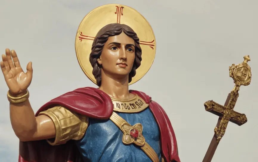 Oración a San Expedito para Pedir por la Salud: Representa la estatua de San Expedito con atuendo rojo y dorado, sosteniendo una cruz, símbolo de intercesión y fe en la salud.