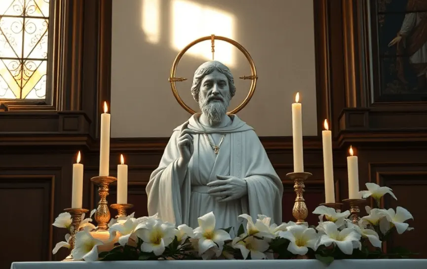 Oración a San Judas Tadeo para la Salud, muestra una estatua blanca de San Judas Tadeo con halo dorado, rodeada de velas encendidas y flores blancas, en un altar decorado con vitrales.