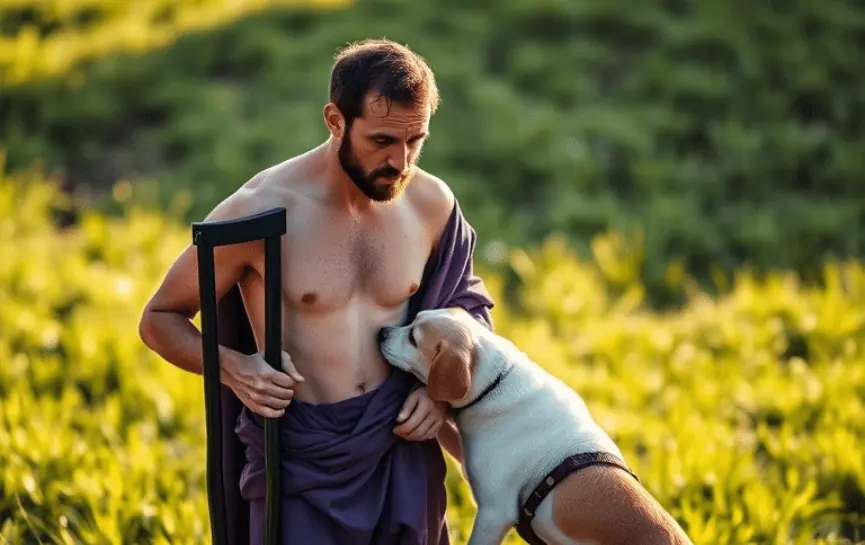 Oración a San Lázaro para Pedir Salud y Sanación: Representa a San Lázaro con muletas, acompañado por perros en un campo verde, simbolizando fe y curación.