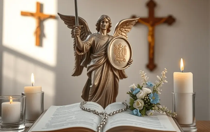 Oración a San Miguel Arcángel para Pedir Salud: La imagen presenta una estatua de San Miguel Arcángel con espada y escudo sobre un altar, acompañado de una Biblia abierta, velas y flores, evocando fe y fortaleza.