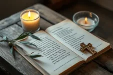 Oración al Padre Pío por los Hijos Rebeldes, muestra una Biblia abierta sobre una mesa de madera, decorada con una rama de olivo, un crucifijo de madera y velas encendidas, creando un ambiente cálido y sereno.