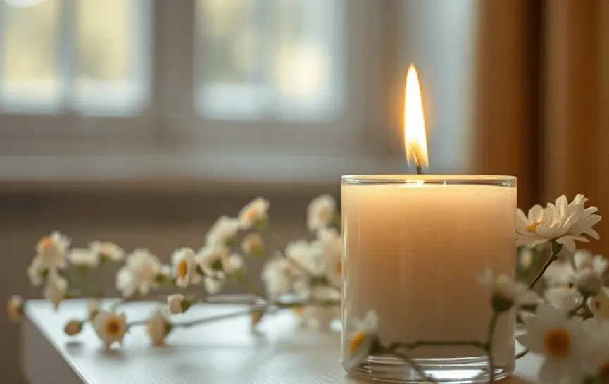 Oración al Padre Pío por los Hijos, muestra una vela encendida en un vaso de cristal, rodeada de delicadas flores blancas, evocando un ambiente de serenidad, fe y esperanza.