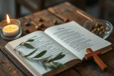 Oración al Padre Pío por una Causa Urgente, muestra una Biblia abierta sobre una mesa de madera, decorada con ramas de olivo, un crucifijo de madera, un cuenco con aceitunas y una vela encendida en un ambiente cálido y tranquilo.