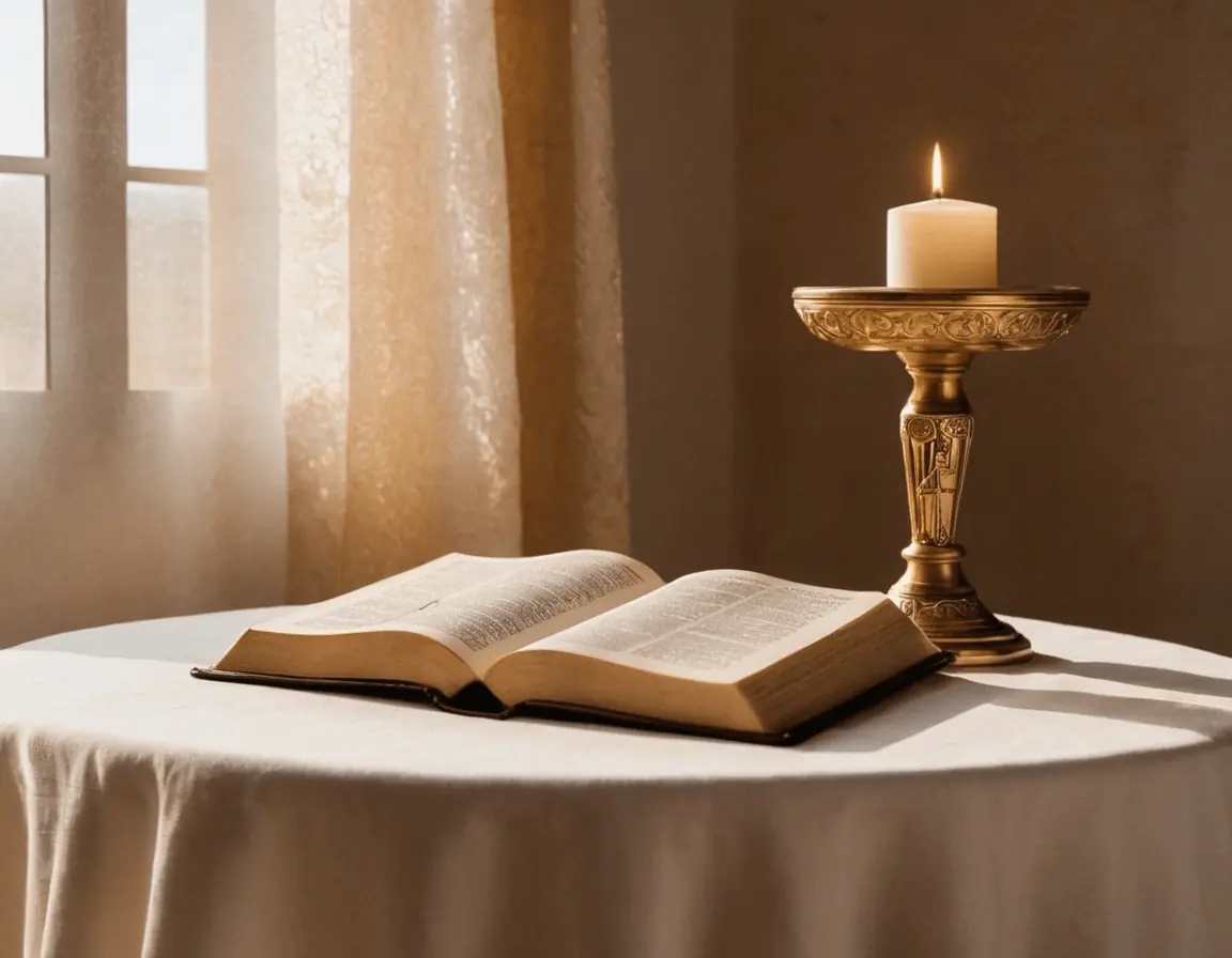 Oración de Agradecimiento a Dios por la Salud, muestra una Biblia abierta sobre una mesa redonda cubierta con un mantel blanco, junto a un candelabro dorado con una vela encendida, en un ambiente iluminado por luz natural.