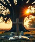 Oración de Agradecimiento al Padre Pío, muestra una cruz de madera colocada frente a un árbol grande con un paisaje iluminado por el sol al atardecer, acompañada de una Biblia abierta y un rosario rojo sobre el césped, creando un ambiente sereno y espiritual.