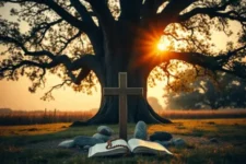 Oración de Agradecimiento al Padre Pío, muestra una cruz de madera colocada frente a un árbol grande con un paisaje iluminado por el sol al atardecer, acompañada de una Biblia abierta y un rosario rojo sobre el césped, creando un ambiente sereno y espiritual.