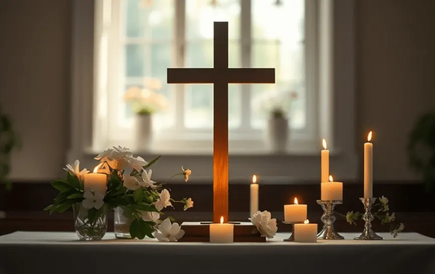 Oración de Liberación y Sanación, muestra una cruz de madera rodeada de velas encendidas y flores blancas, colocadas sobre una mesa con luz natural entrando por una ventana al fondo.