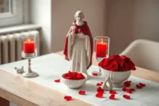 Oración de San Cipriano para el Amor: Un arreglo de rosas rojas junto a pergaminos atados con cintas rojas y velas encendidas, creando un ambiente romántico y solemne.