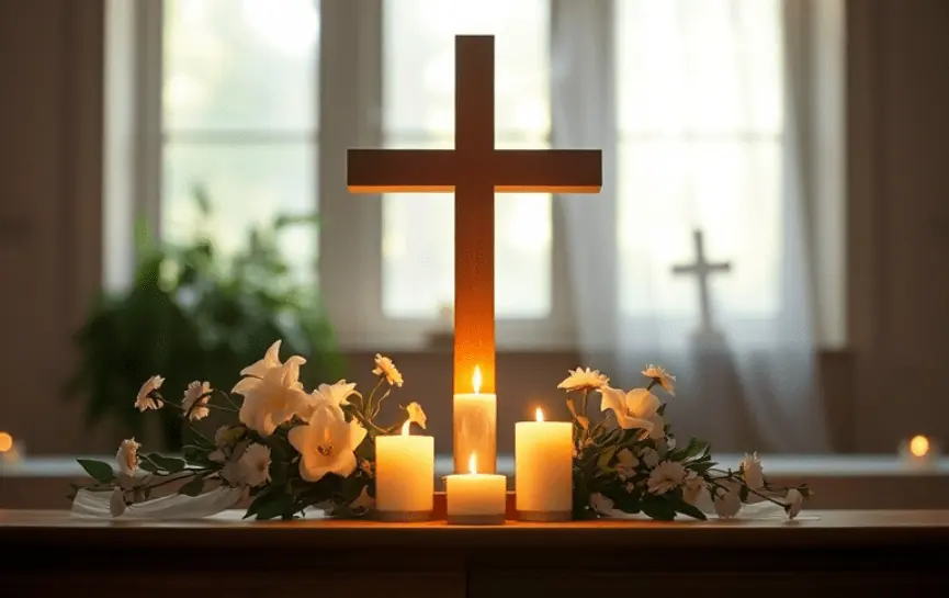 Oración de Sanación Católica, muestra una cruz de madera rodeada de flores blancas y velas encendidas, colocada sobre una mesa con luz natural entrando desde ventanas al fondo.