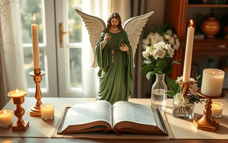 Oración de Sanación al Arcángel Rafael, muestra una figura del Arcángel Rafael sobre una mesa decorada con velas encendidas, flores blancas en jarrones y una Biblia abierta, con luz natural entrando por una puerta al fondo.