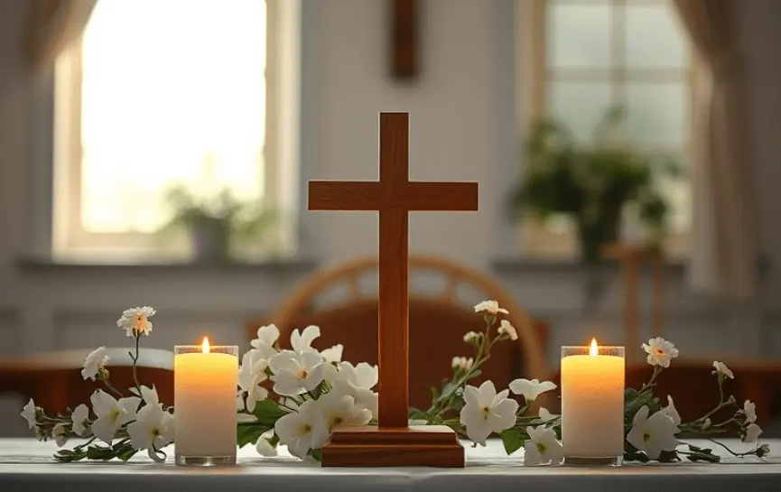 Oración de Sanación al Señor de los Milagros, muestra una cruz de madera rodeada de flores blancas y velas encendidas sobre una mesa, con luz natural entrando desde ventanas al fondo.