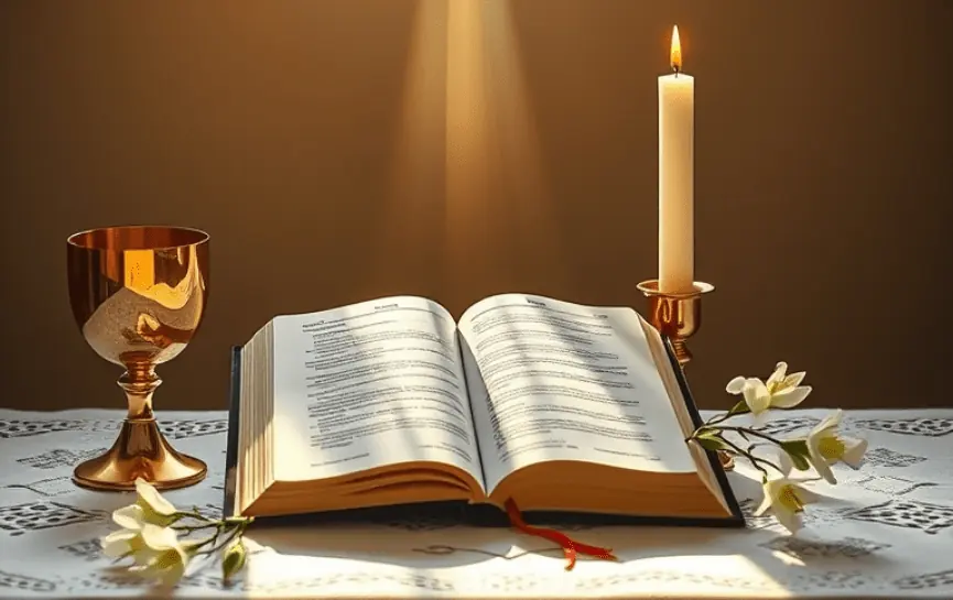 Oración de Sanidad Cristiana, muestra una Biblia abierta sobre una mesa decorada con un cáliz dorado, una vela encendida y flores blancas, con un rayo de luz iluminando la escena.