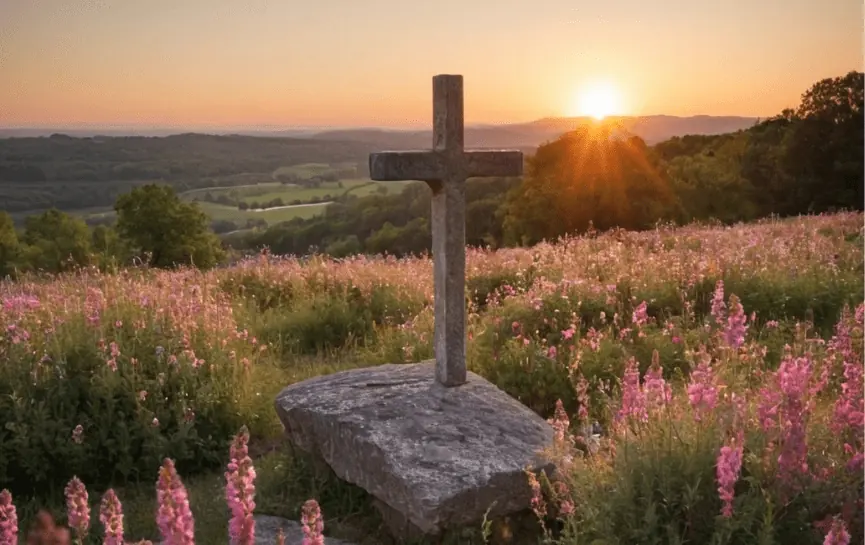 Oración de Protección al Padre Pío: Muestra una cruz de piedra en un campo de flores bajo un cielo al atardecer, con rayos de sol iluminando el horizonte. El entorno natural crea una atmósfera de calma, fe y devoción.