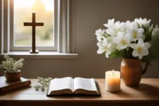 Oración para Pedir Salud a Dios, muestra una Biblia abierta sobre una mesa, acompañada de flores blancas en un jarrón, una vela encendida y una cruz en una ventana con luz cálida al fondo.