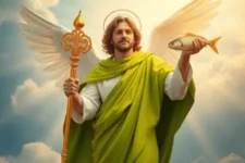 Oración para Pedir Salud a San Rafael Arcángel, muestra una imagen del Arcángel Rafael con alas extendidas, sosteniendo un báculo dorado y un pez, con un fondo de cielo azul y nubes iluminadas.