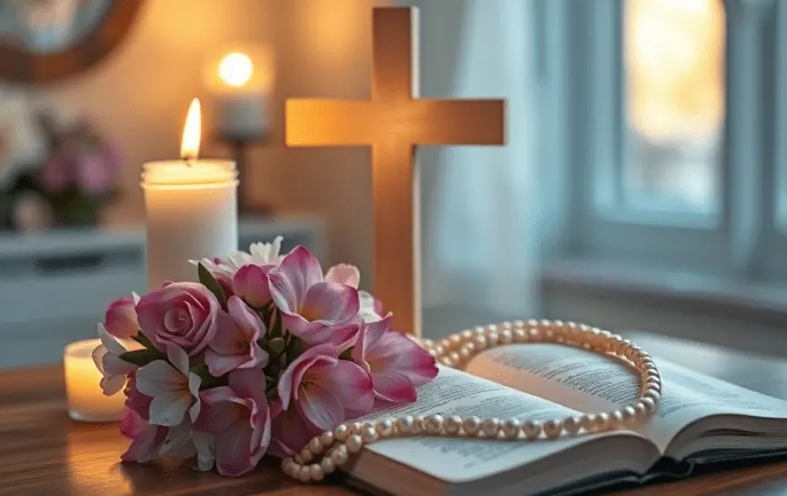 Oración para Pedir por la Salud de Mi Esposa: Una cruz de madera junto a una vela encendida, un rosario de perlas, y un ramo de flores rosadas sobre una Biblia abierta.