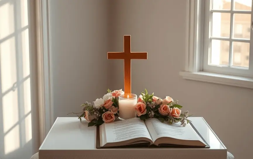 Oración para Pedir por la Salud de Mi Suegra: Un altar hogareño con una cruz de madera, una Biblia abierta, velas encendidas y arreglos florales en tonos rosados, transmitiendo serenidad y devoción.