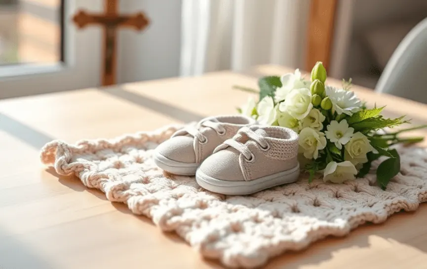 Oración para Pedir por la Salud de un Nieto: Un par de zapatitos de bebé sobre una manta tejida, acompañados de flores blancas y una cruz difuminada al fondo, simbolizando ternura y fe.