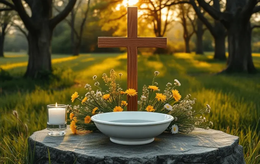 Oración para Pedir por la Salud de un Sobrino: Un altar al aire libre con una cruz, un cuenco blanco, una vela encendida y flores amarillas, iluminado por la luz del atardecer en un campo.