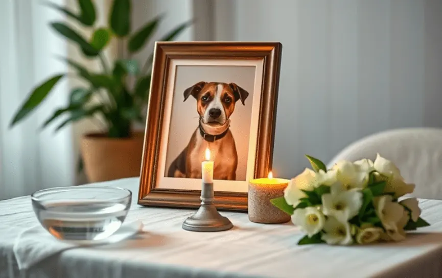 Oración para Pedir por la Salud de una Mascota: Una mesa con la foto de un perro enmarcada, junto a dos velas encendidas, un bol de agua y flores blancas, simbolizando cuidado y esperanza.