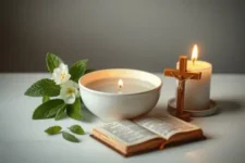 Oración para Problemas Digestivos Crónicos: Representa una vela blanca encendida, una cruz de madera y una Biblia abierta, rodeadas de hojas de menta, simbolizando esperanza y sanación espiritual.