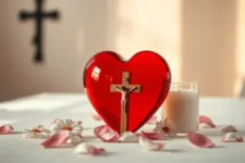 Oración para Sanar Enfermedades del Corazón: Un corazón de vidrio rojo con un crucifijo, rodeado de pétalos, una vela blanca encendida y flores en una mesa, simboliza amor y sanación.