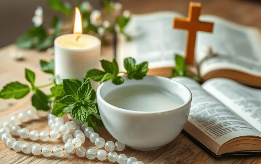 Oración para Sanar Enfermedades del Estómago: La imagen muestra una vela encendida junto a una taza de agua y una cruz, con una Biblia abierta al fondo, creando un ambiente de calma y devoción.