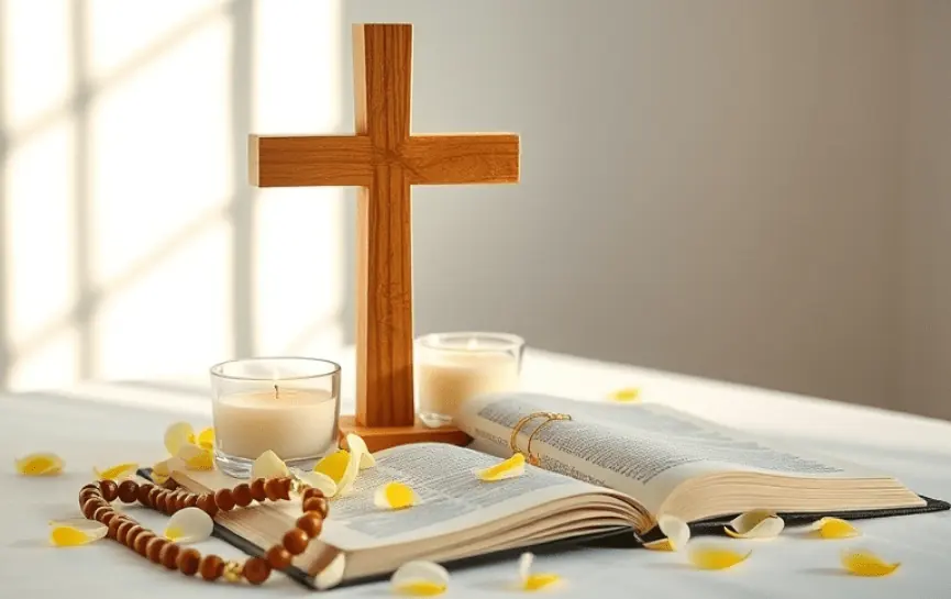 Oración para Sanar Enfermedades: Representa una cruz junto a una Biblia abierta y un rosario, con velas encendidas y pétalos blancos, evocando un espacio de oración y esperanza.