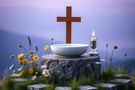 Oración para Pedir por la Salud de un Sobrino 9 Oración para la Salud de un Sobrino Una Súplicas Llena de Fe y Esperanza: Una cruz de madera con un cuenco blanco y una vela sobre un altar rodeado de flores silvestres al amanecer.
