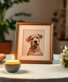 Oración para los Animales Enfermos y Protección Divina: Imagen de un altar hogareño con la foto de un perro, velas, un recipiente con agua y flores, transmitiendo fe y devoción por las mascotas.