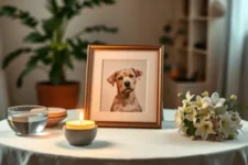 Oración para los Animales Enfermos y Protección Divina: Imagen de un altar hogareño con la foto de un perro, velas, un recipiente con agua y flores, transmitiendo fe y devoción por las mascotas.