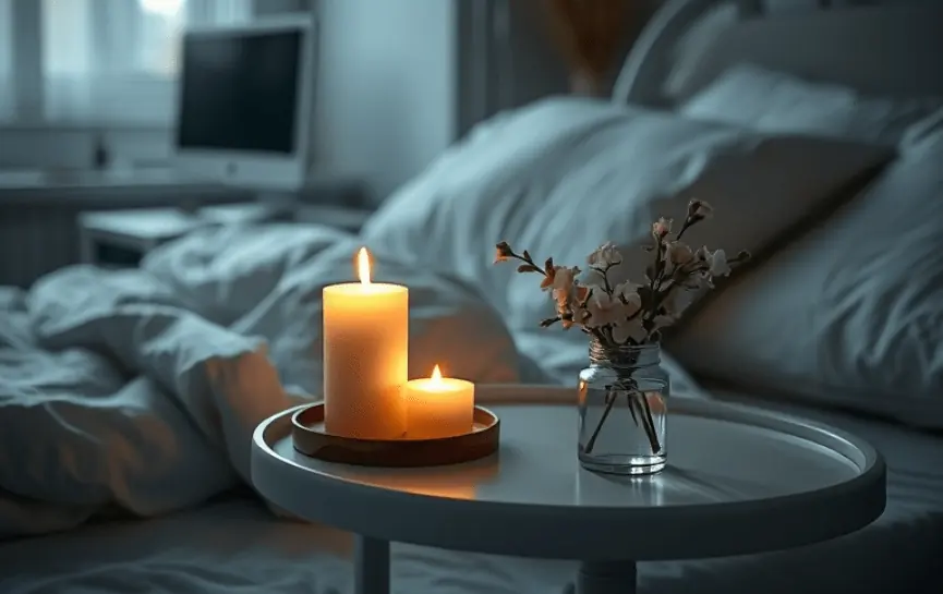 Oración para que un Enfermo No Sufra: Dos velas encendidas en una mesa junto a un jarrón con flores blancas crean un ambiente de paz en una habitación serena.