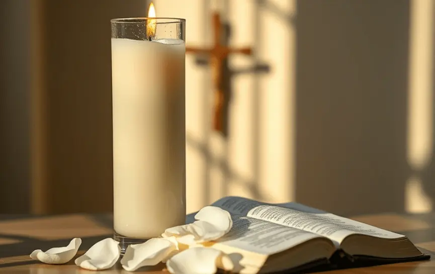 Oración para un Enfermo en Agonía 10 Oración para un Enfermo en Agonía, muestra un crucifijo de madera sobre un mantel blanco, acompañado de velas encendidas y jarrones con flores blancas, creando un espacio solemne y lleno de esperanza.