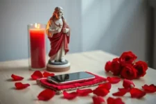 Oración poderosa a San Cipriano para que me llame en 10 minutos: Una mesa con pétalos de rosa, un teléfono sobre un paño rojo, una estatua de San Cipriano y una vela encendida.