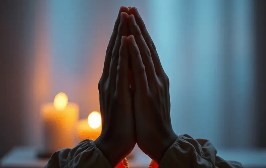 Oración por Mi Salud, muestra manos juntas en oración frente a velas encendidas, con fondo azul tenue.