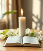 Oración por Sanidad en la Biblia, muestra una vela encendida junto a una Biblia abierta sobre una mesa de madera adornada con flores blancas, con la luz del sol entrando por una ventana cercana, creando un ambiente de paz y reflexión.