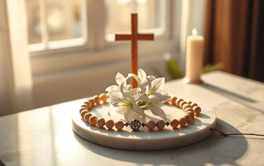 Oración por los Enfermos de Cáncer, muestra un rosario de madera, flores blancas y una cruz sobre una mesa iluminada por luz natural, con una vela encendida al fondo junto a una ventana.