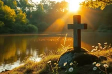 Oraciones Milagrosas para la Salud, muestra una cruz de piedra sobre una colina cubierta de flores, iluminada por los rayos del sol al atardecer, con un lago y un bosque en el fondo.