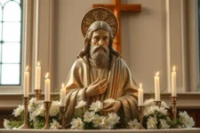 Oraciones a San Judas Tadeo para la Salud, muestra una estatua de San Judas Tadeo rodeada de velas encendidas y flores blancas, con un fondo de cruz de madera y vitrales.