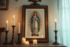 Oraciones a la Virgen de la Salud, muestra un cuadro de la Virgen de Guadalupe rodeado de velas encendidas sobre una mesa, con luz suave entrando por una cortina.