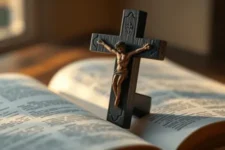 Oraciones al Padre Pío por los Hijos, presenta una cruz de madera con la figura de Cristo colocada sobre una Biblia abierta, iluminada por una luz cálida, simbolizando devoción y protección divina.