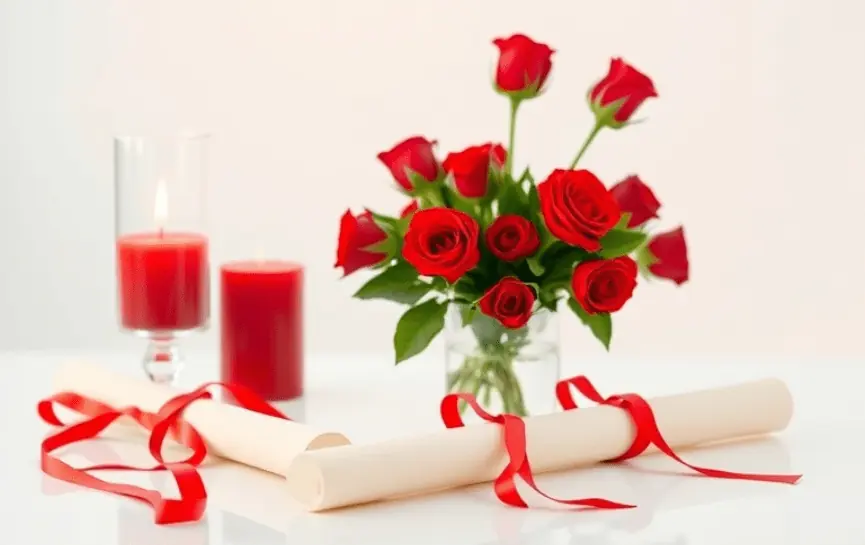 Oraciones de San Cipriano para el Amor: Un altar con una figura de San Cipriano, rosas rojas, dos velas encendidas y pétalos decorativos sobre una mesa.