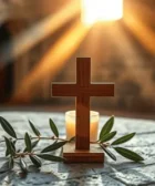 Oraciones de Sanidad Cristiana, muestra una cruz de madera colocada sobre una mesa de piedra, acompañada de ramas de olivo y una vela encendida, con luz cálida del sol entrando por el fondo.