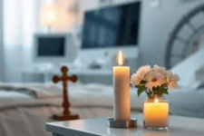 Oraciones específicas para diferentes momentos de sufrimiento: Un crucifijo de madera, velas encendidas y flores blancas sobre una mesita iluminan una cama en un cuarto hospitalario.