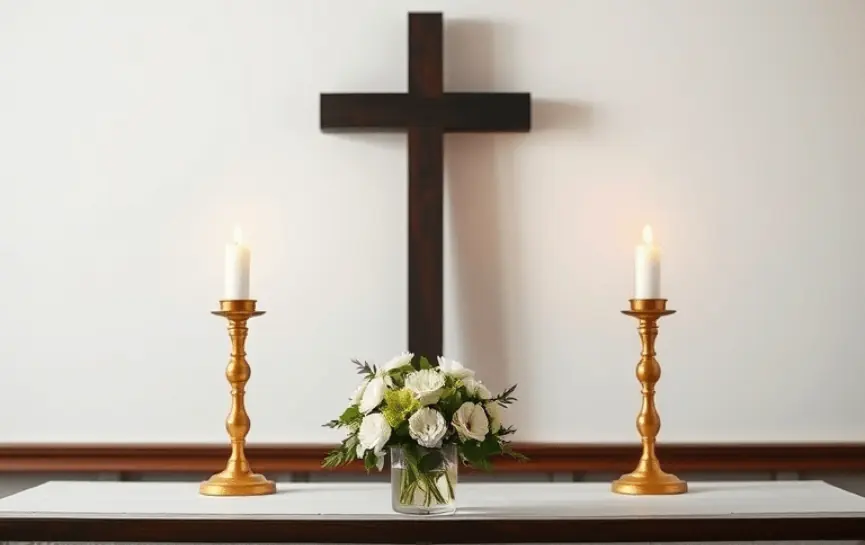 Oraciones para Pedir por la Salud de mi Padre 10 Oraciones para Pedir por la Salud de mi Padre, muestra una cruz de madera en una pared blanca, con dos candelabros dorados sosteniendo velas encendidas y un ramo de flores blancas en el centro del altar.