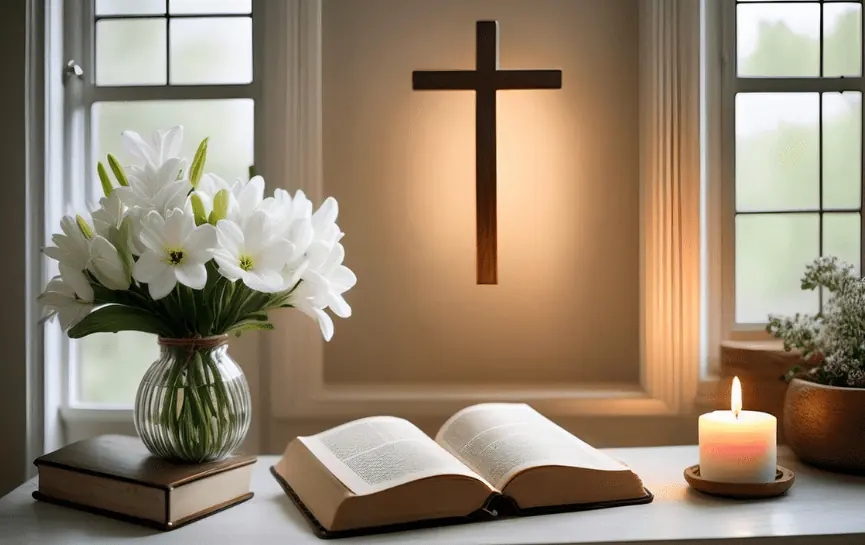 Oraciones y Frases para Pedir Salud a Dios, muestra una mesa con una Biblia abierta, flores blancas en un florero, una vela encendida y una cruz iluminada en la pared, con ventanas al fondo.