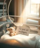 Palabras de Aliento para un Bebé Prematuro: Imagen de una cuna hospitalaria con un osito de peluche y una nota que dice “Tú eres un milagro”, iluminada con luz suave y cálida.